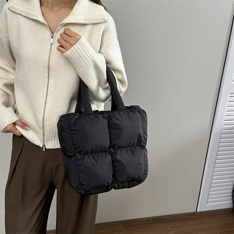 Borsa Tote Trapuntata Minimalista da Donna in Nylon Imbottita a Griglia Borsa a Spalla Grande Capacità Autunno Inverno Borsa Casual