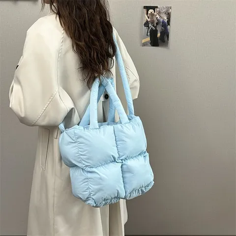 Borsa Tote Trapuntata Minimalista da Donna in Nylon Imbottita a Griglia Borsa a Spalla Grande Capacità Autunno Inverno Borsa Casual