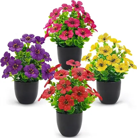 Artificial Potted Plants Faux Eucalyptus Violet Flowers Plastic Potted Greenery For Home Office Desktop Decor Set
