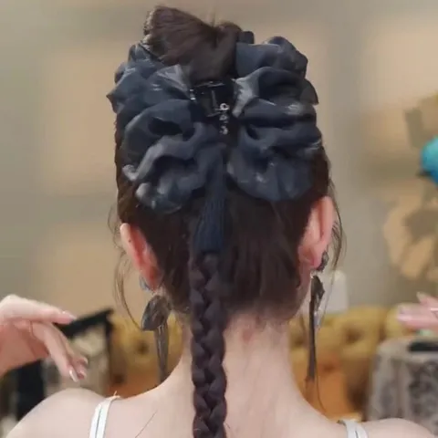 Neo-Chinese Style Satin Fabric Flower Hair Claw Clip With Tassel Long Faux Braid Elegant Hair Accessory For Women Hair Volumizing