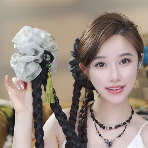 Neo-Chinese Style Satin Fabric Flower Hair Claw Clip With Tassel Long Faux Braid Elegant Hair Accessory For Women Hair Volumizing