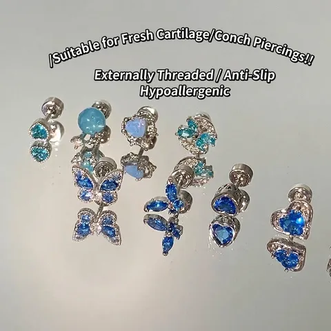 Orecchini a Lobo in Acciaio al Titanio con Farfalla e Cuore di Strass Blu per Donna Gioielli per Piercing alla Cartilagine