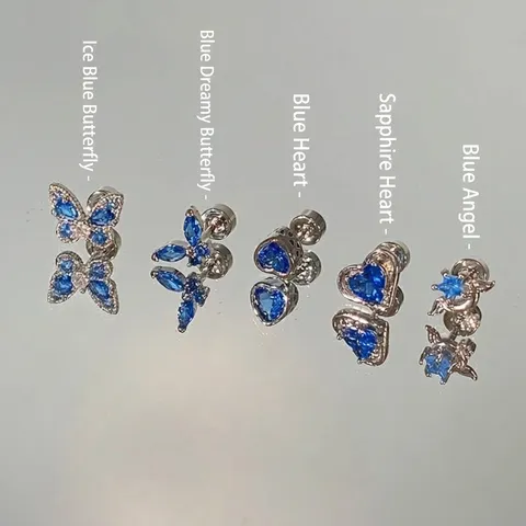 Orecchini a Lobo in Acciaio al Titanio con Farfalla e Cuore di Strass Blu per Donna Gioielli per Piercing alla Cartilagine