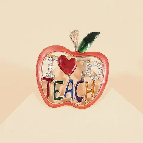 Cartoon Apple Brooch Rhinestone Enamel I Love To Teach Pin For Teacher Day Graduation Gift Alloy Fruit Lapel Pin For Women