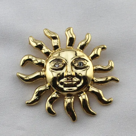 Broche Soleil Doré Vintage pour Femmes Visage Anthropomorphe Exotique en Alliage avec Strass Épingle Style Antique Bijoux