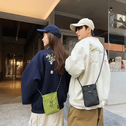 Borsa per Cellulare in Nylon a Griglia Stile Giapponese Piccola Borsa a Tracolla Quadrata per Donna Uomo All'aperto Leggera Pieghevole Portamonete Con Cinturino in Corda Intrecciata