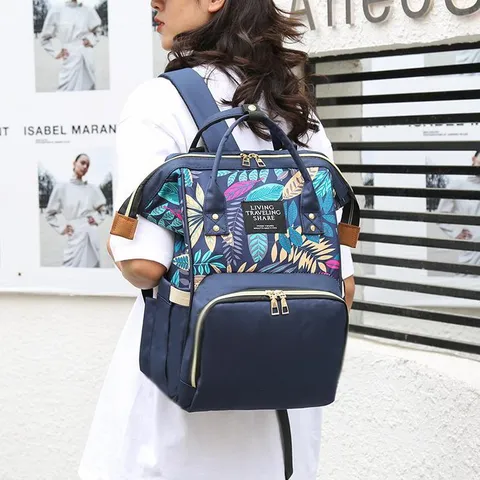 Αδιάβροχη Τσάντα Μαμάς Σακίδιο Πλάτης από Oxford Nylon για Γυναίκες Μόδα Τροπικό Τύπωμα Φύλλων Μεγάλης Χωρητικότητας Τσάντα Ταξιδιού με Γάντζους Καροτσιού