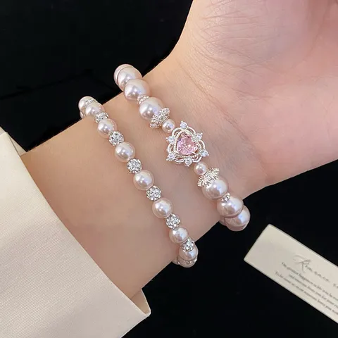 Sweet Pink Heart Rhinestone Artificial Pearl Bracelet For Women Romantic Elastic Light Luxury Jewelry Handmade Floral Beaded Hand Chain