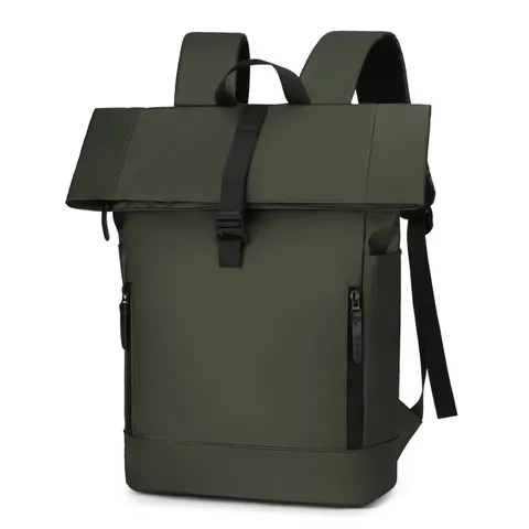 Men Roll Top Backpack Waterproof PU Leather 16 Inch Laptop Compartment Business Casual School Bag For Travel Daily Use