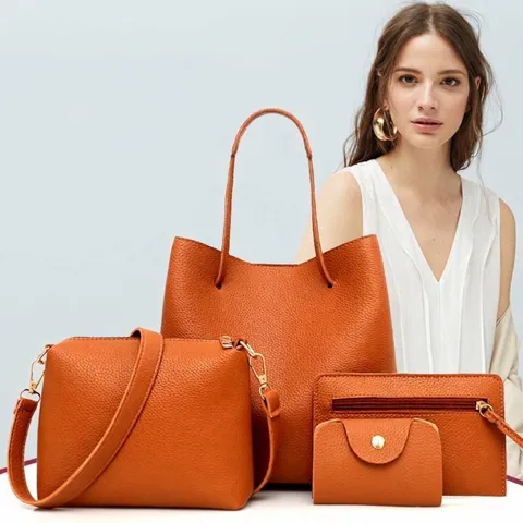 Modieuze Dames Tassenset 4 Stuks PU Leer Litschi Patroon Grote Capaciteit Tote Schoudertas Clutch Portemonnee Handtas