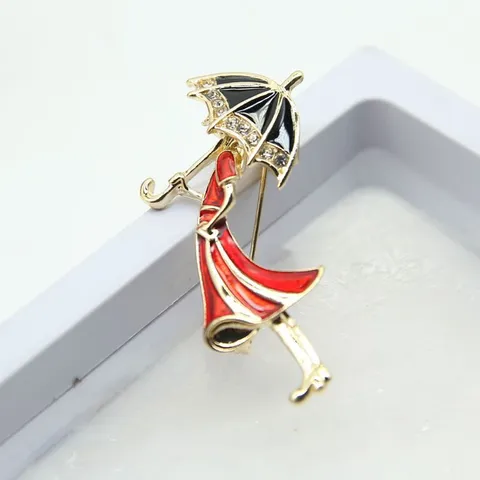 Cartoon Girl Umbrella Brooch Pin Enamel Drip Oil Alloy Vintage Rhinestone Badge For Clothing Hat Bag Accessories Women Jewelry