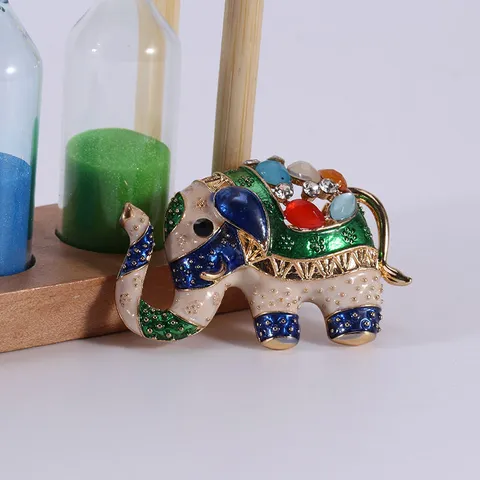 Broche Éléphant en Émail Rétro Exotique Strass Multicolore Pierre Œil de Chat Artificiel Animal Broche pour Bijoux de Mode Femme