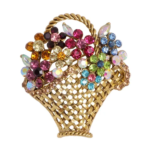 Creative Korean Style Flower Basket Brooch Alloy Multi Colored Rhinestone Corsage For Women Suit Coat Scarf Jewelry Gift