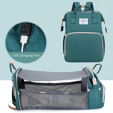 Multifunktionale Wickeltasche Rucksack Mit Großer Kapazität Tragbare Faltbare Babybett USB Ladeanschluss Kinderwagen Gurte Nylon Wasserdicht Mummy Bag