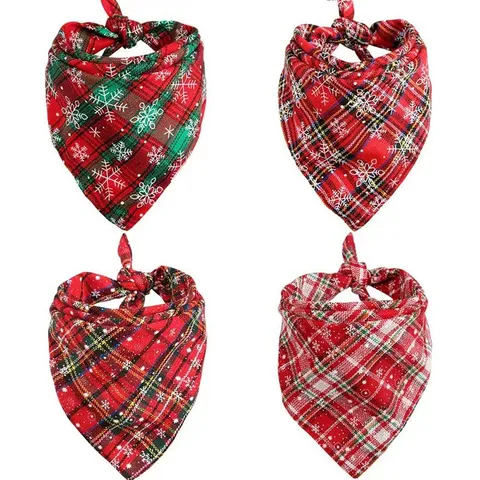 Christmas Plaid Pet Bandana Scarf Polyester Jacquard Triangle Bib For Dogs Cats Holiday Party Snowflake Pattern Neck Accessories