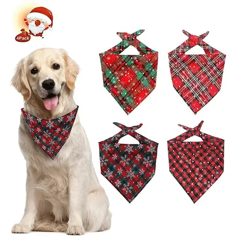 Christmas Plaid Pet Bandana Scarf Polyester Jacquard Triangle Bib For Dogs Cats Holiday Party Snowflake Pattern Neck Accessories