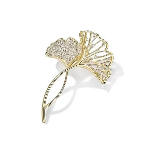 Elegant Alloy Ginkgo Leaf Brooch For Women Sparkling Rhinestone Inlaid Flower Pin Fashion Suit Corsage Jewelry Accessories