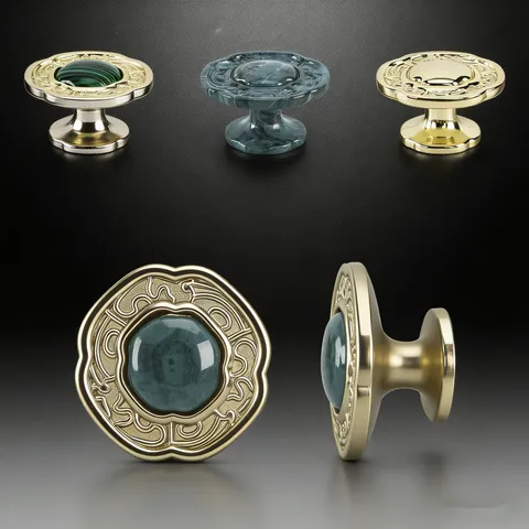 Vintage Europäischer Palaststil Zinklegierung Schrankgriff Geschnitzte Blumen Schubladenknopf Gold Smaragd Möbelgriff