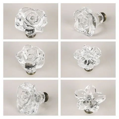Transparent Acrylic Rose Flower Cabinet Knobs Zinc Alloy Base Single Hole Drawer Pulls For Wardrobe Cupboard Furniture Hardware