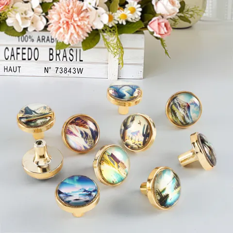 Vintage American National Park Landscape Crystal Glass Cabinet Knobs Round Plastic Single Hole Drawer Handles For Wardrobe Cupboard Furniture Hardware