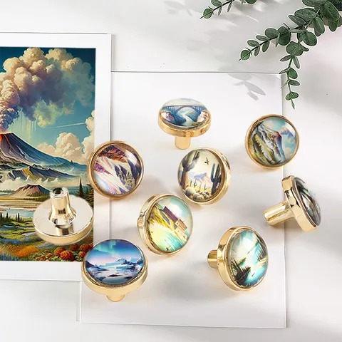 Vintage American National Park Landscape Crystal Glass Cabinet Knobs Round Plastic Single Hole Drawer Handles For Wardrobe Cupboard Furniture Hardware