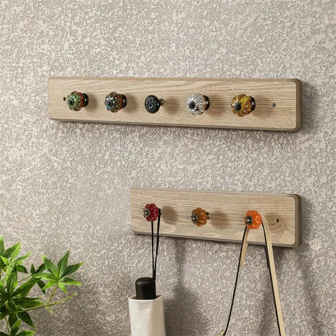 Nordic Wooden Wall Mounted Coat Hook With Ceramic Knob Key Holder Hanger For Entryway Bedroom Bathroom Home Storage