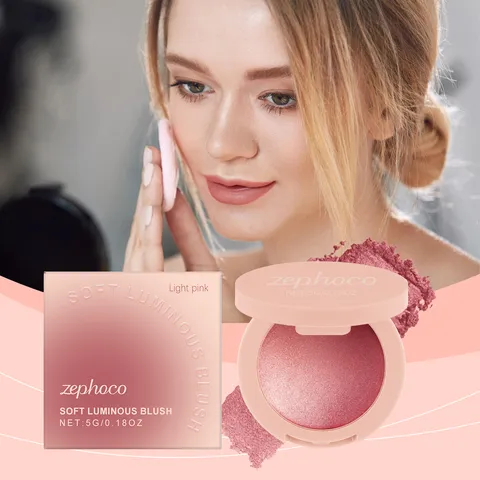 Zephoco Colorete de Perlas Micro Luminoso Rosa Claro Natural Brillante Suave Sedoso Polvo Prensado Maquillaje Facial Compacto