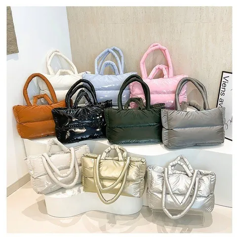 Women Quilted Puffer Tote Bag Minimalist Velvet Handbag Large Capacity Space Cotton Texture Shoulder Bag Fashion Winter Bag