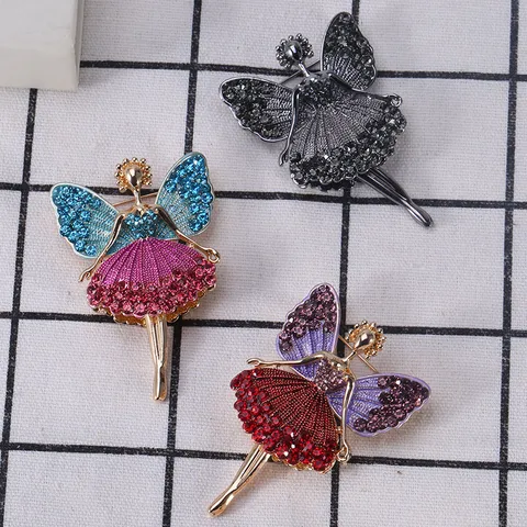 Sweet Ballet Girl Dancing Butterfly Brooch Pin Alloy Rhinestone Full Drill Lapel Pin Accessories For Women Suit Coat Jewelry