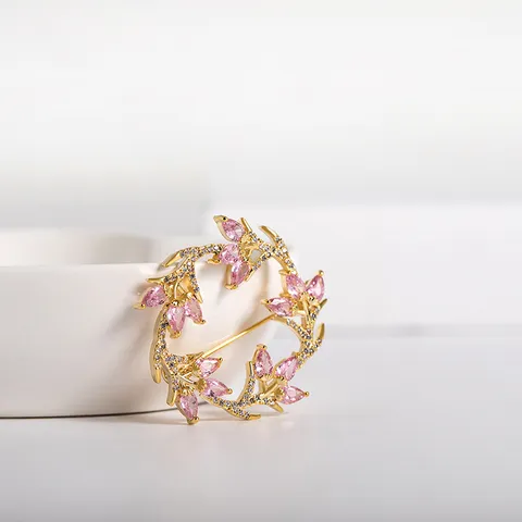 Korean Style Rotating Circular Leaf Floral Wreath Brooch Pin Alloy Rhinestone Pink Gold Flower Corsage Jewelry For Women