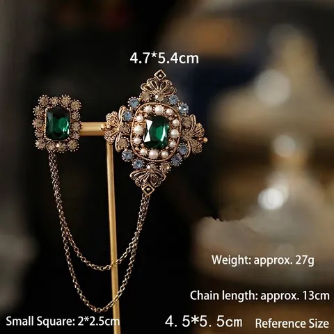 Spilla a Nappina con Pietra Smeraldo Vintage Oro Antico Ape Strass Perla Artificiale Catena Pin per Abito Cappotto Donna Gioielli