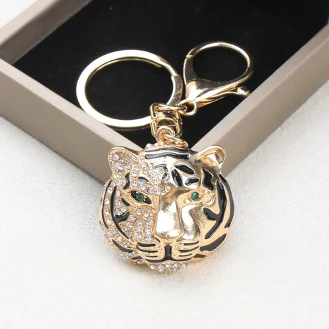 Vintage Tiger Head Rhinestone Keychain Alloy Animal Bag Charm For Women Men Retro Gold Silver Enamel Tiger Head Key Ring Gift