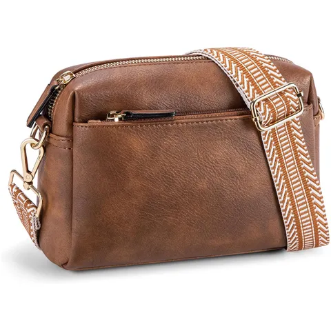 Women Small Crossbody Bag PU Leather Three Zipper Layers Camera Bag With Colorful Geometric Woven Wide Shoulder Strap Handbag