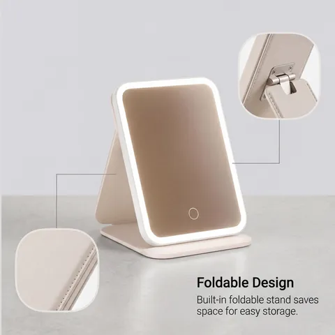 LED Makeup Mirror With PU Leather Folding Case 3 Light Modes Stepless Dimming USB Rechargeable Portable Travel Cosmetic Mirror