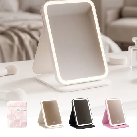 LED Makeup Mirror With PU Leather Folding Case 3 Light Modes Stepless Dimming USB Rechargeable Portable Travel Cosmetic Mirror