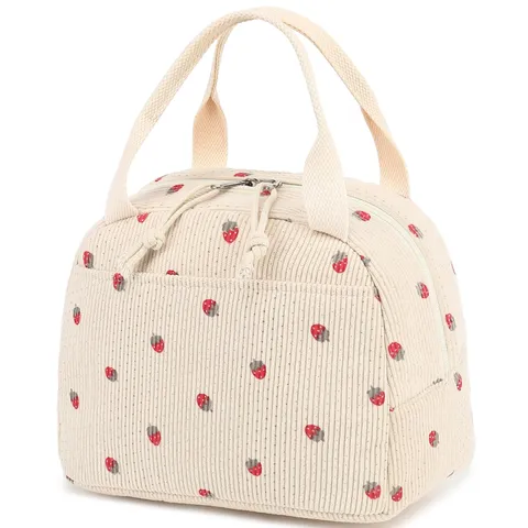 Insulated Lunch Bag Corduroy Large Capacity Portable Thermal Tote Strawberry Print Checkered Pattern Picnic Cooler Bag Women Handbag