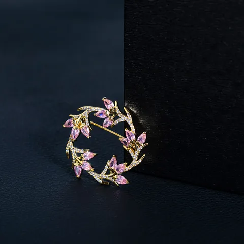 Korean Style Rotating Circular Leaf Floral Wreath Brooch Pin Alloy Rhinestone Pink Gold Flower Corsage Jewelry For Women