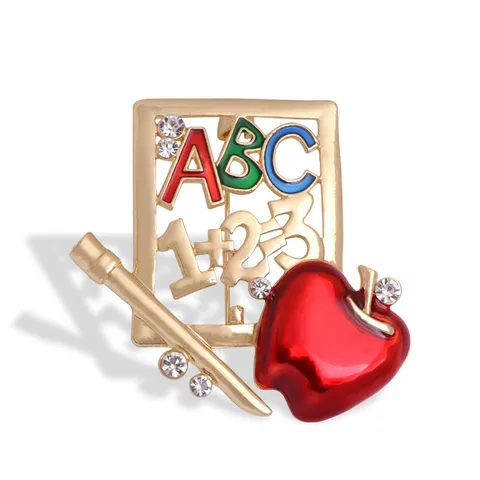 Creative Apple Enamel Brooch For Teacher Day Gift Alloy Rhinestone ABC Letters Math Formula Pencil Lapel Pin Women Jewelry