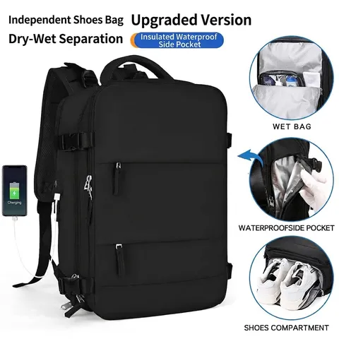 Large Capacity Waterproof Travel Backpack For Women With USB Charging Port Independent Shoe Compartment Dry Wet Separation Casual Laptop Backpack