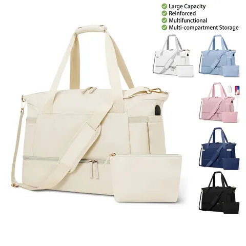 Large Capacity Women Gym Duffel Bag With USB Charging Port Separate Shoe Compartment Dry Wet Separation Travel Weekender Bag And Cosmetic Pouch And Shoe Bag Oxford Cloth Tote