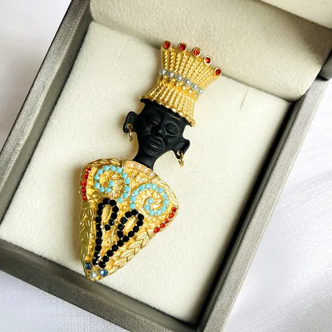 Broche Chef de Tribu Africaine Exotique Vintage en Alliage Strass Perle Artificielle Épinglette Roi Égyptien Bijoux pour Femmes
