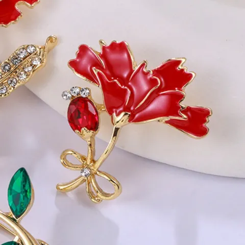 European Red Enamel Flower Brooch For Women Alloy Rhinestone Carnation Pin With Bowknot Clothing Accessory Jewelry Gift