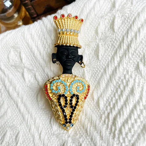 Broche Chef de Tribu Africaine Exotique Vintage en Alliage Strass Perle Artificielle Épinglette Roi Égyptien Bijoux pour Femmes