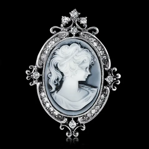 Spilla Cammeo Vintage da Donna Retrò Europeo Ritratto di Bellezza Lega Argento Strass Intarsiato Spilla Ovale Accessorio Gioielli