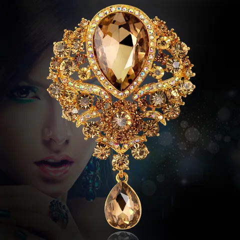 Luxury Alloy Rhinestone Water Drop Brooch For Women European Vintage Glass Crystal Pendant Brooch Pin Elegant Wedding Banquet Party Jewelry Gift