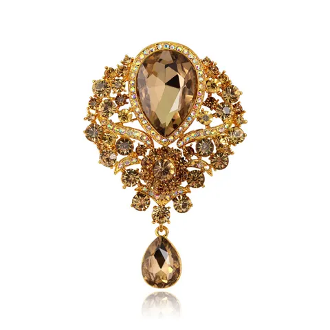 Luxury Alloy Rhinestone Water Drop Brooch For Women European Vintage Glass Crystal Pendant Brooch Pin Elegant Wedding Banquet Party Jewelry Gift