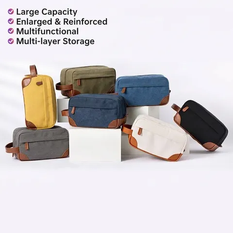 Vintage Canvas PU Leather Toiletry Bag Large Capacity Waterproof Travel Wash Bag For Men Women Makeup Organizer Storage Handbag