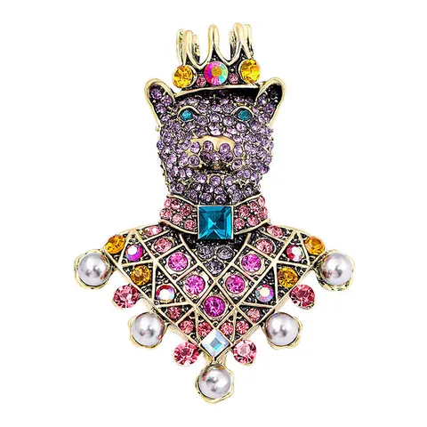 Broche Ours à Couronne en Alliage de Strass Style Vintage Multicolore Broche en Perle Artificielle de Haute Qualité pour Bijoux Hommes Femmes