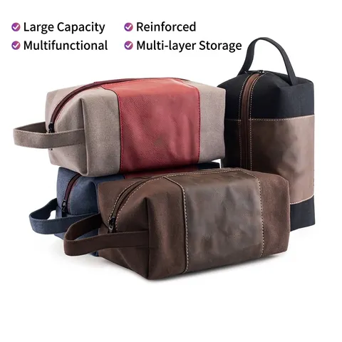 Vintage Canvas Men Toiletry Bag Large Capacity Portable Handheld Makeup Bag Spliced Retro Travel Storage Bag Washable Dopp Kit