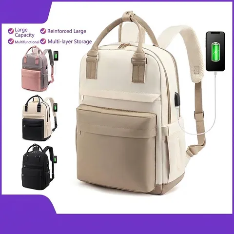 Women Large Capacity Laptop Backpack Waterproof Oxford Fabric Color Block Travel Backpack With USB Charging Port Fashion School Bag